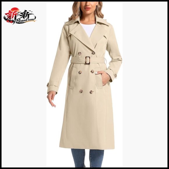 Waterproof Long Trench Coat Double Breasted Belted Removable Hood